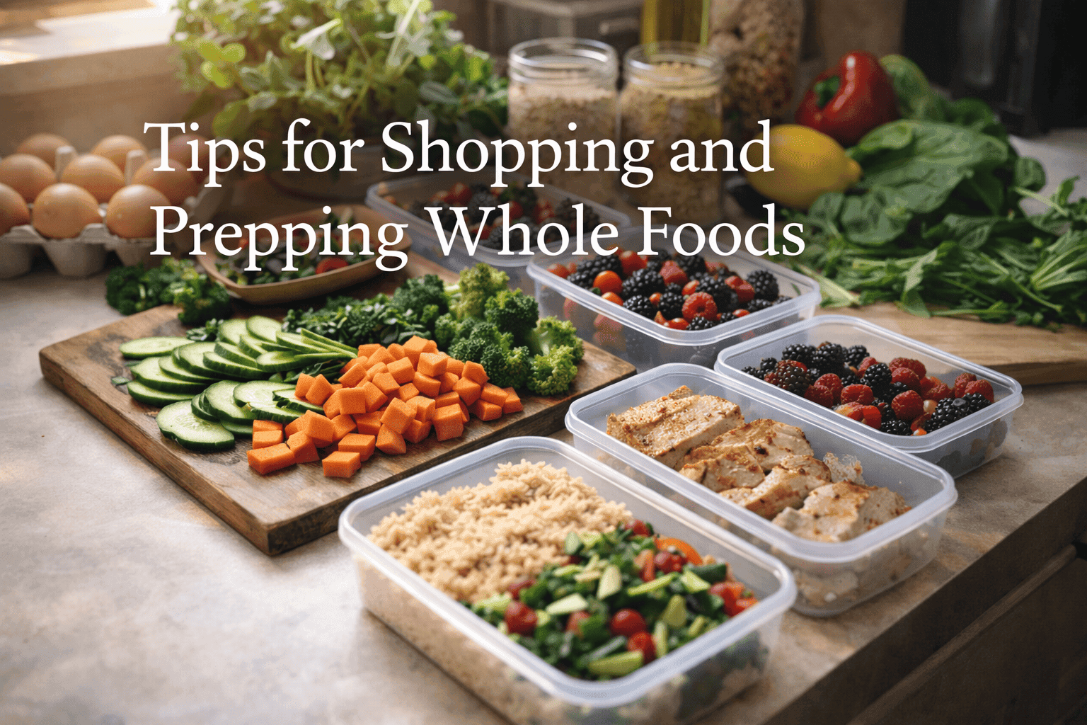 Colorful array of chopped vegetables, fruits, and cooked meals in containers, with eggs and fresh greens in the background. Tips for meal prep displayed.