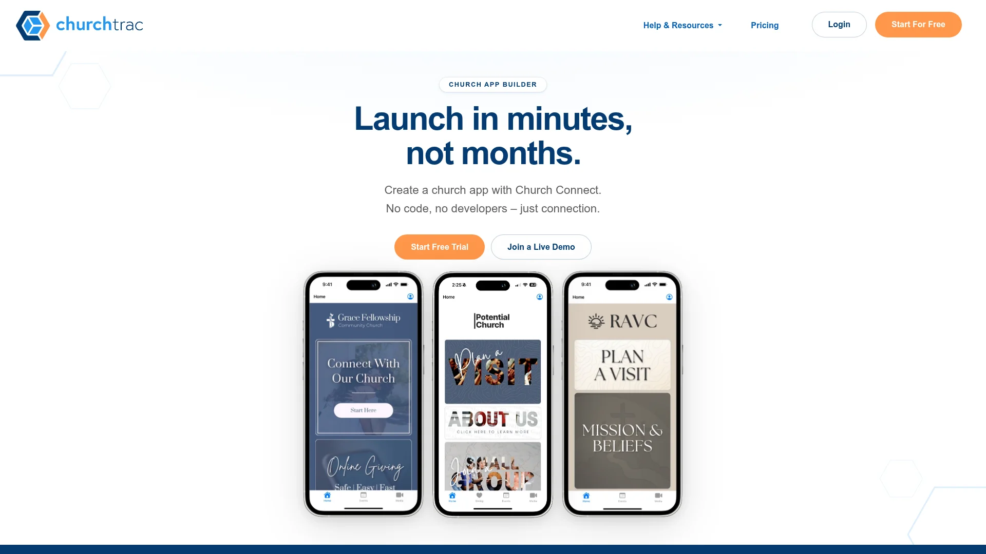 ChurchTrac church app builder and management page