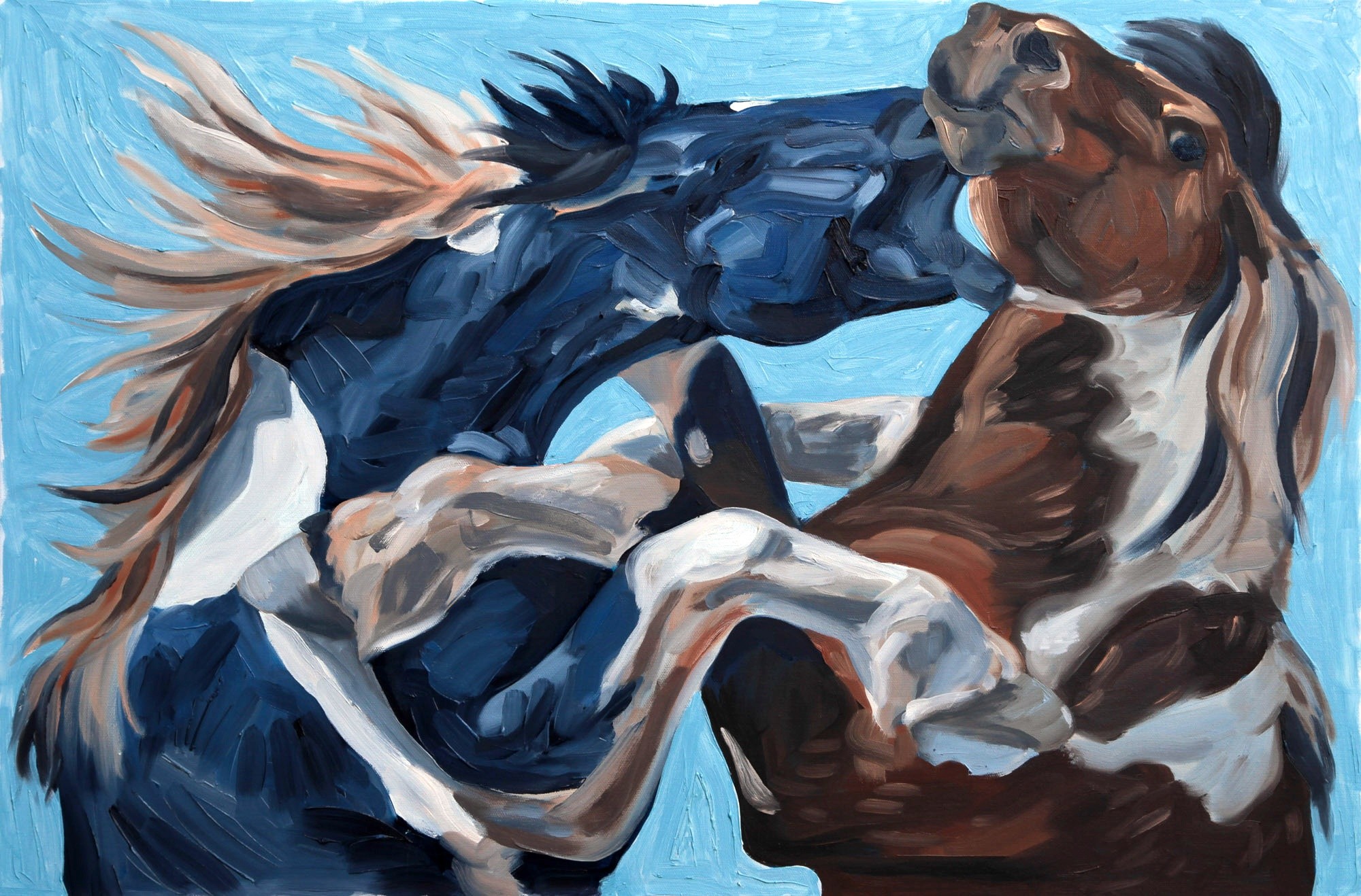 Two horses seen from the shoulders up, one blue and one brown, playfighting