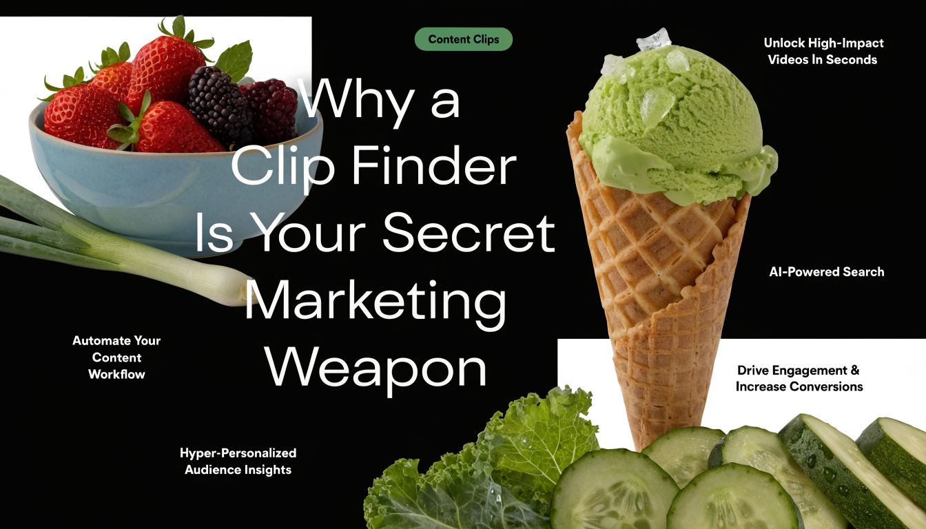 A graphic featuring fruit and vegetables surrounding text about using a video clip finder for marketing.