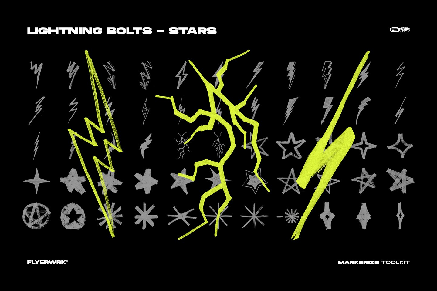 Markerize lightning bolts and stars doodle pack with high resolution hand drawn marker pen textures