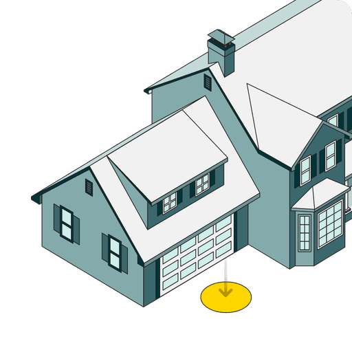 An illustration of a small house beside a larger house, with a circular yellow object in front.
