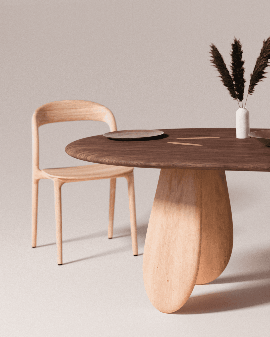 collectible piece, hatch dining table made out of solid oak and walnut, designed by noknok