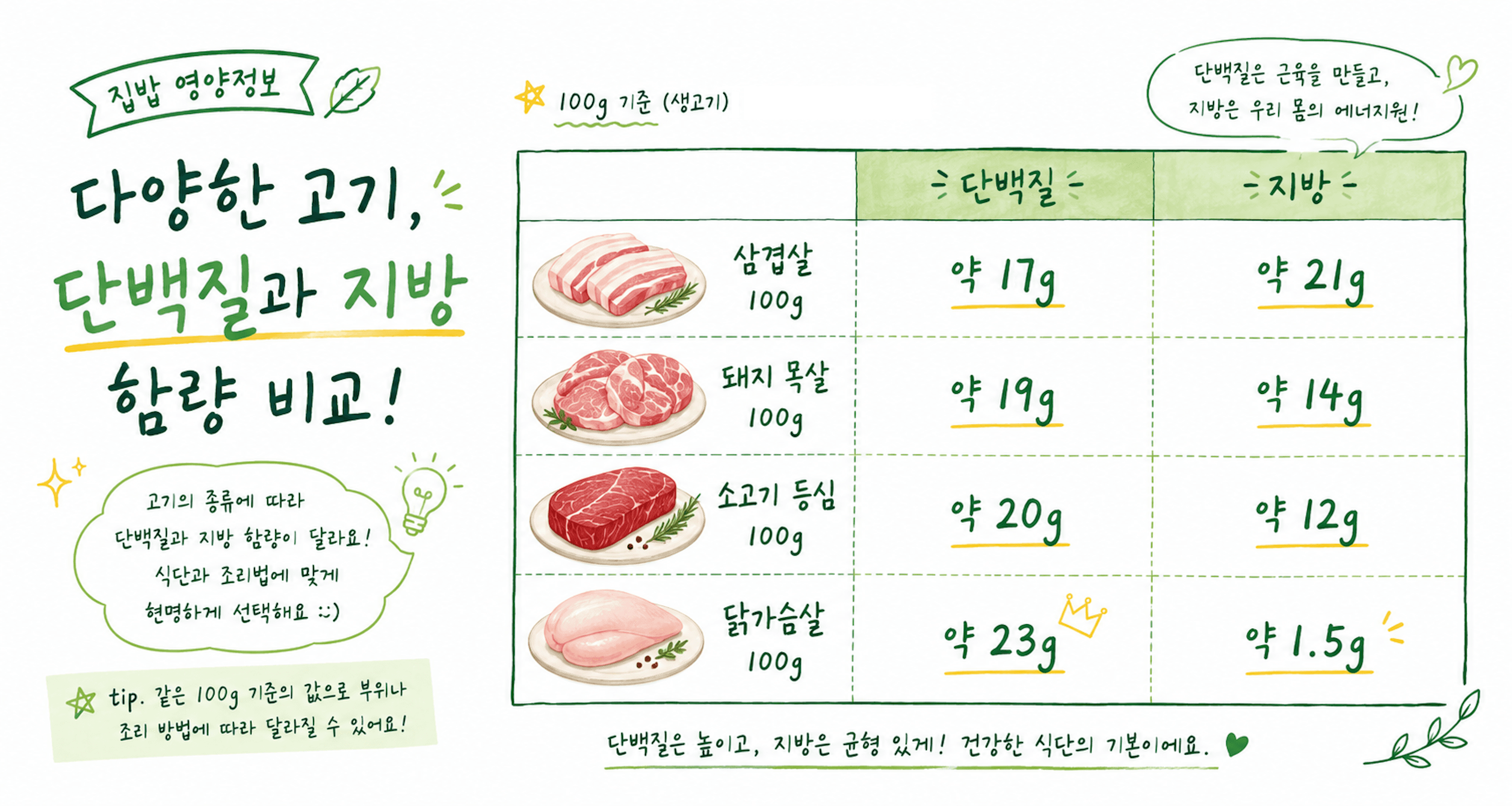 고기별 단백질과 지방 함량 비교 표