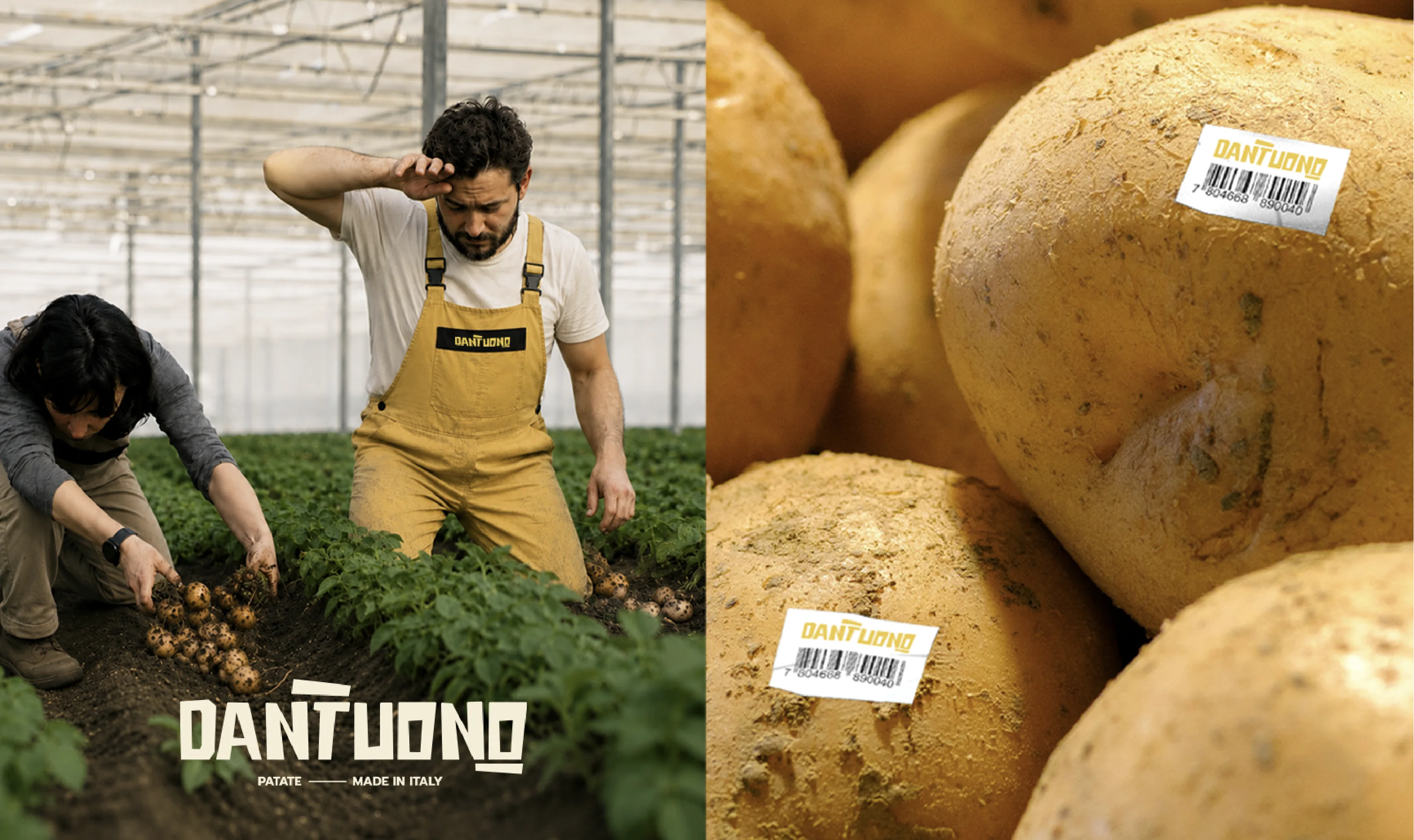 Dantuono farmers harvesting potatoes in greenhouse and close-up of branded label on tubers.
