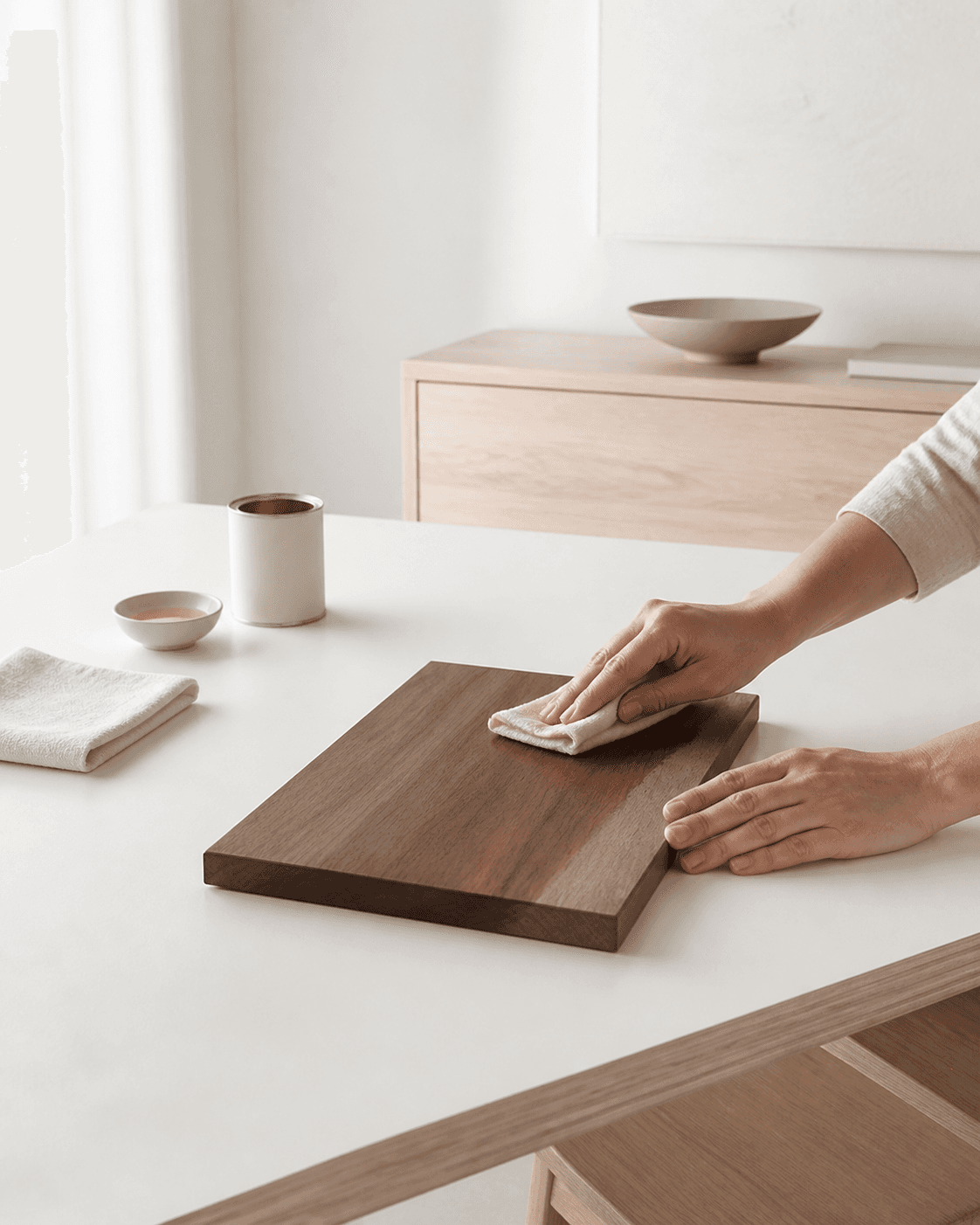 A walnut sample being hand-finished on a clean white workbench