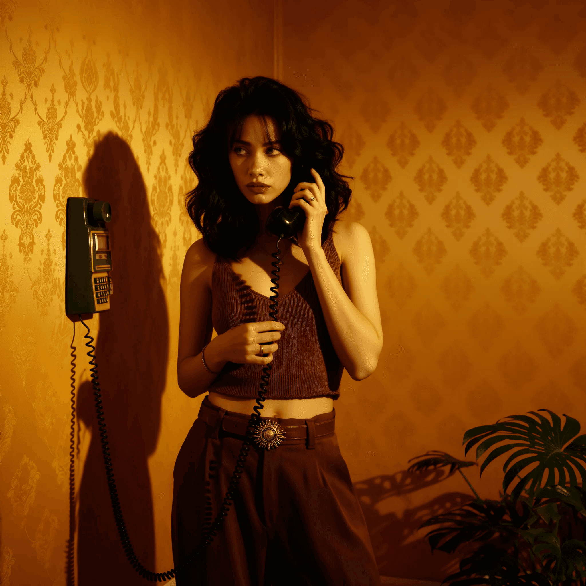 KI-Model in retrobraunem Outfit telefoniert an Wandapparat in warm beleuchtetem Vintage-Raum und vermittelt nostalgische, stilvolle Atmosphäre.
