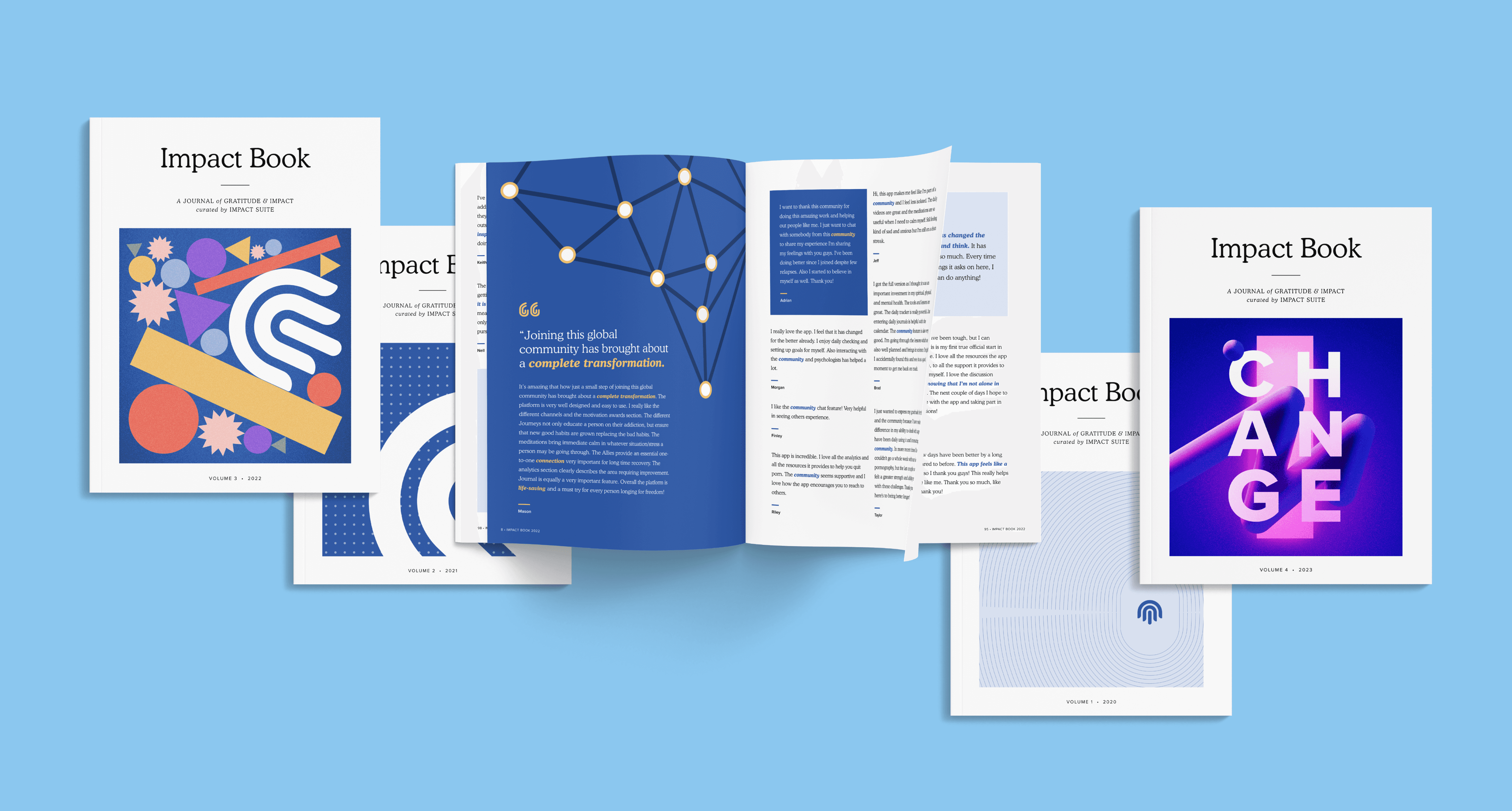 An image showing several editions of the Impact Book provided by Impact Suite. Every year, Impact Suite produces a 100 page book detailing all the testimonials users send in about how life-changing the Imapct Suite app is.