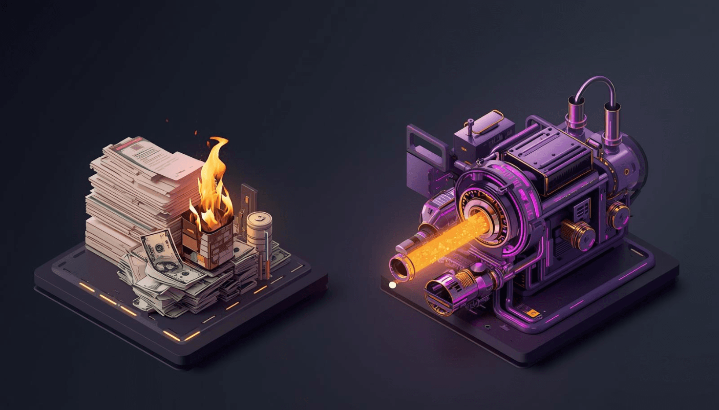 Split screen 3D illustration comparing expensive manual labor and paper stacks with a sleek automated lead generation factory, visualizing the ROI of infrastructure over hiring.