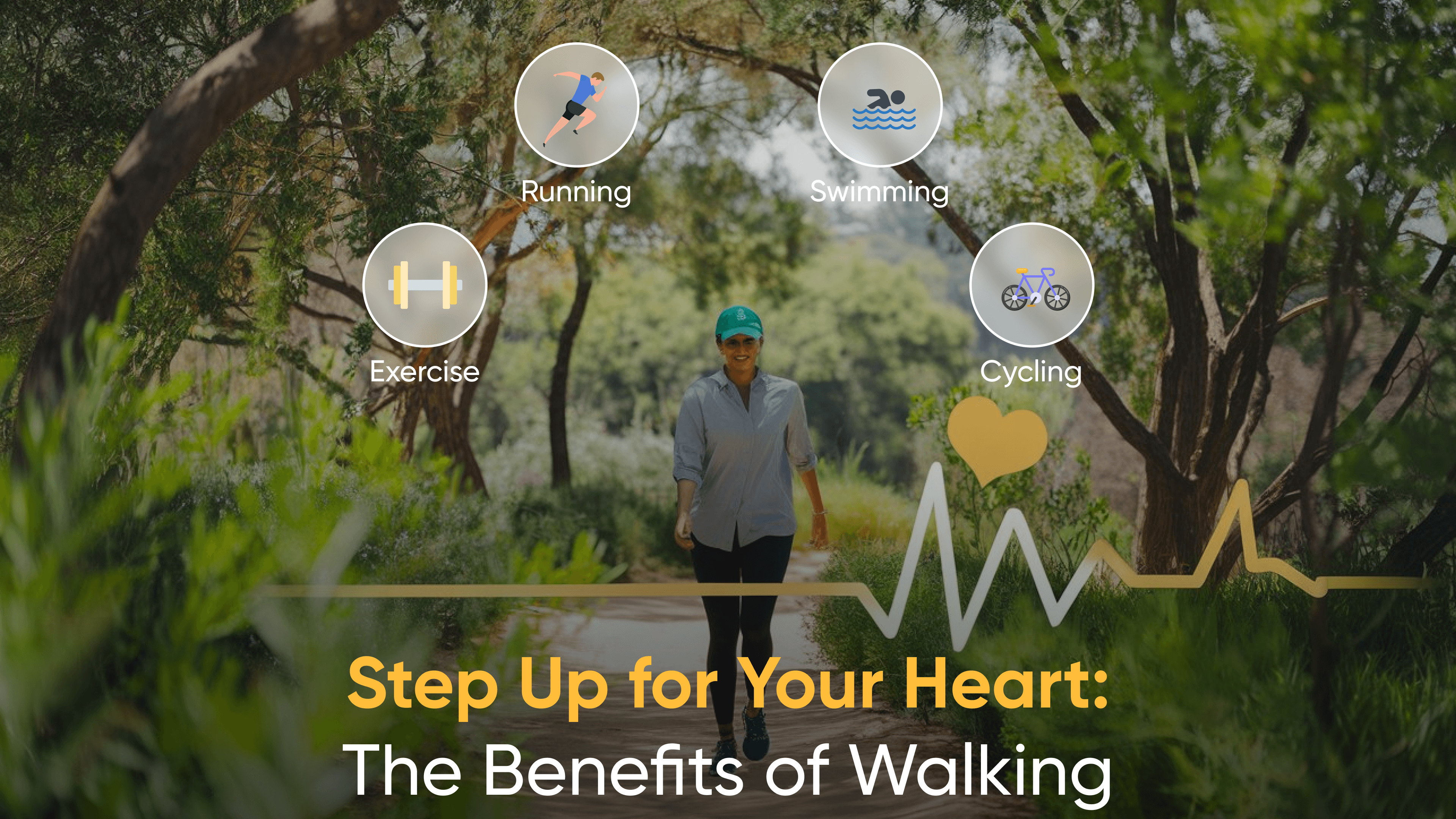 Person walking in a serene natural park surrounded by greenery with icons highlighting benefits of walking like running, swimming, cycling, and exercise for heart health.- Benefits of walking for heart health - Walking for cardiovascular health - Heart health exercises - Walking to lower blood pressure - Simple exercises for heart health - How walking improves heart health - Walking benefits for heart patients - Daily walking for healthy heart - Steps to improve heart health - Walking as exercise for heart care - Walking and heart disease prevention - Best exercise for heart health - Walking routine for cardiovascular health - Improve heart health with walking - Walking to reduce heart attack risk