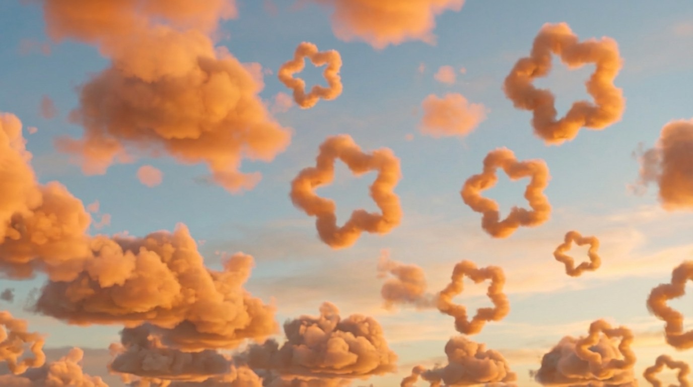 A sky full of OM Creative logo shaped clouds