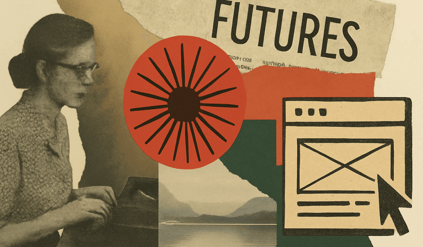 Laptop displaying a weather app website on a soft green gradient background, surrounded by colorful floating abstract shapes.