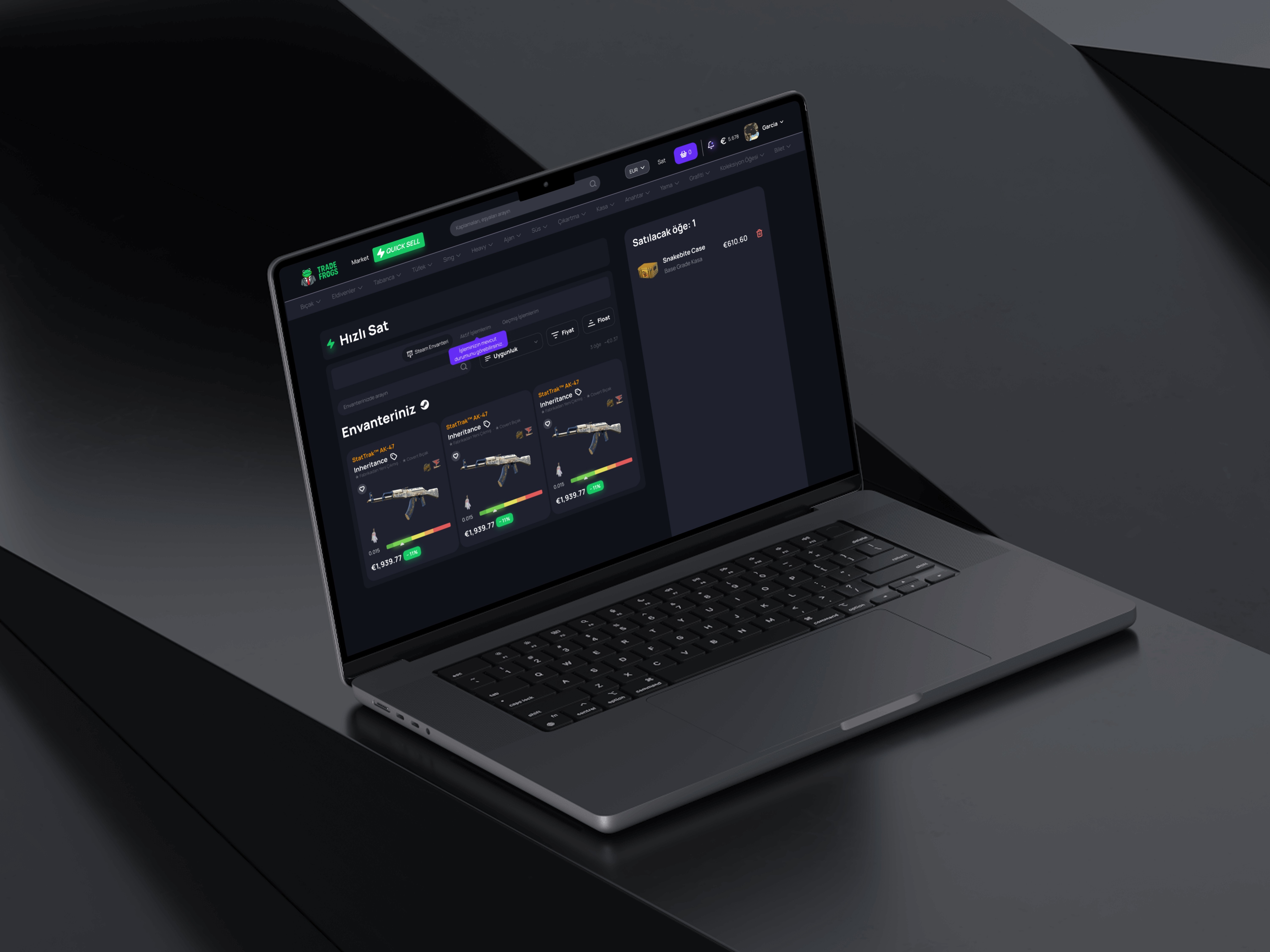 Laptop showing a marketplace inventory and trade screen.