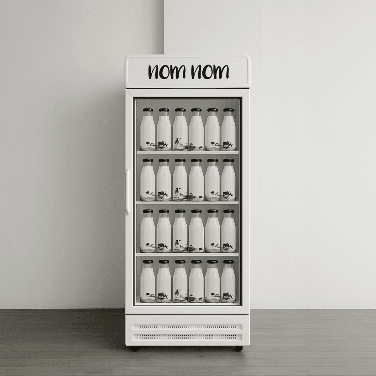 Refrigerator shelf stocked with aligned Nom Nom bottles forming pastoral panorama