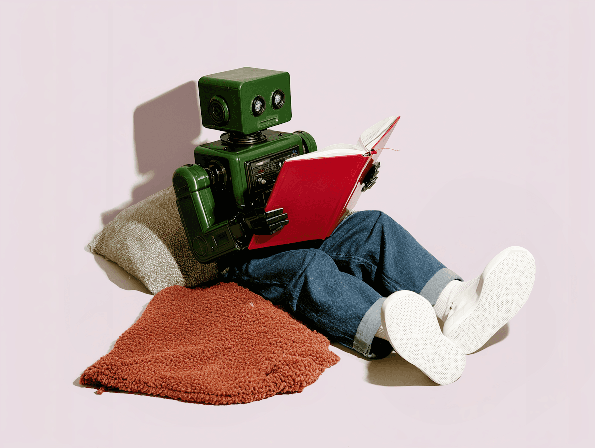 Green toy robot reading