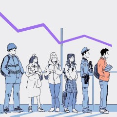 Portada de Radiografía: ¿cómo está la inversión pública en Chile?, estudio de IdeaPaís, mostrando una ilustración de personas que esperan en una fila con una flecha descendente tras ellas.