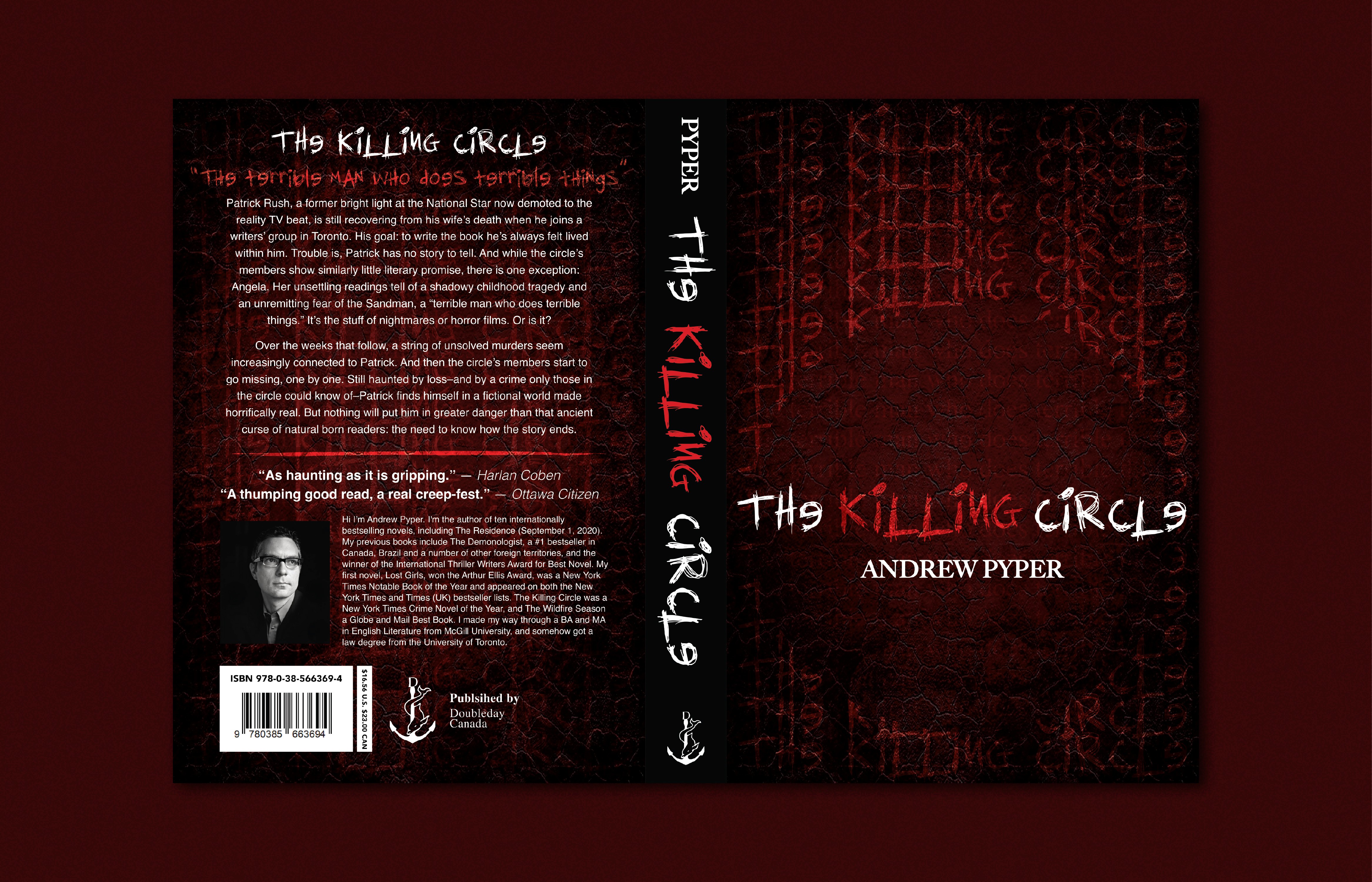 Flat lay of "The Killing Circle's" book redesign project showing the design and layout.