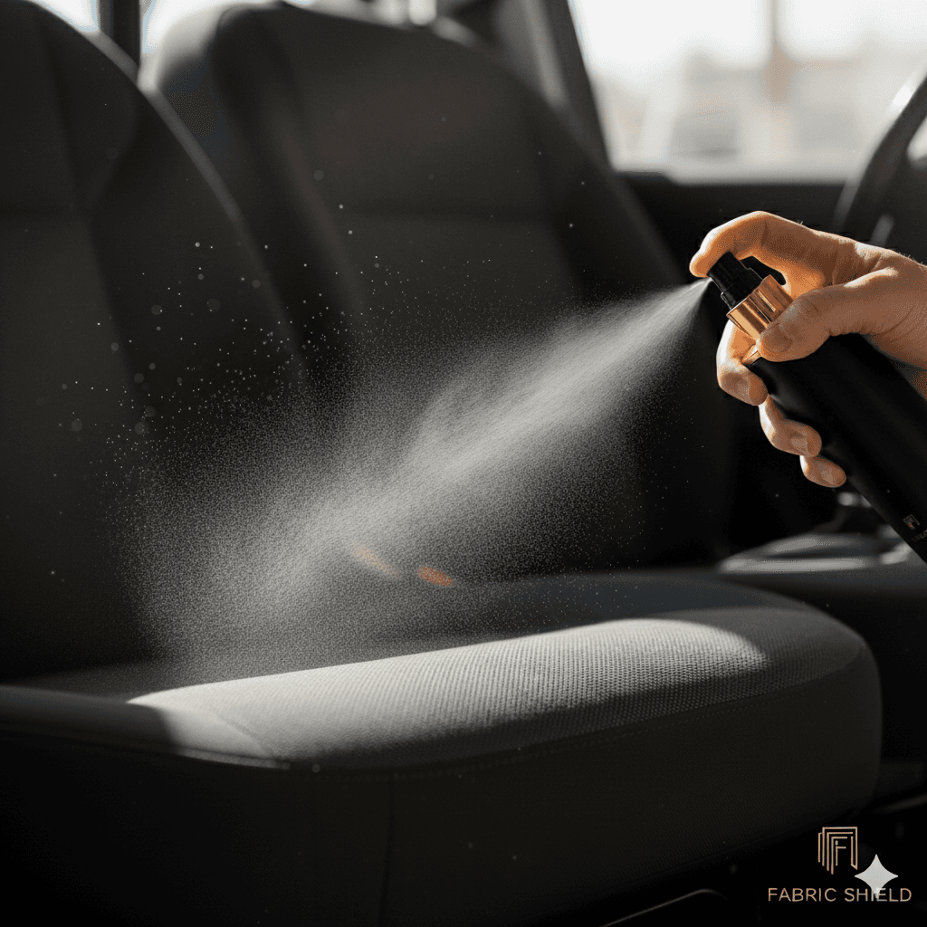 Hand sprüht Imprägnierung auf helles Autositz zur Polsterpflege