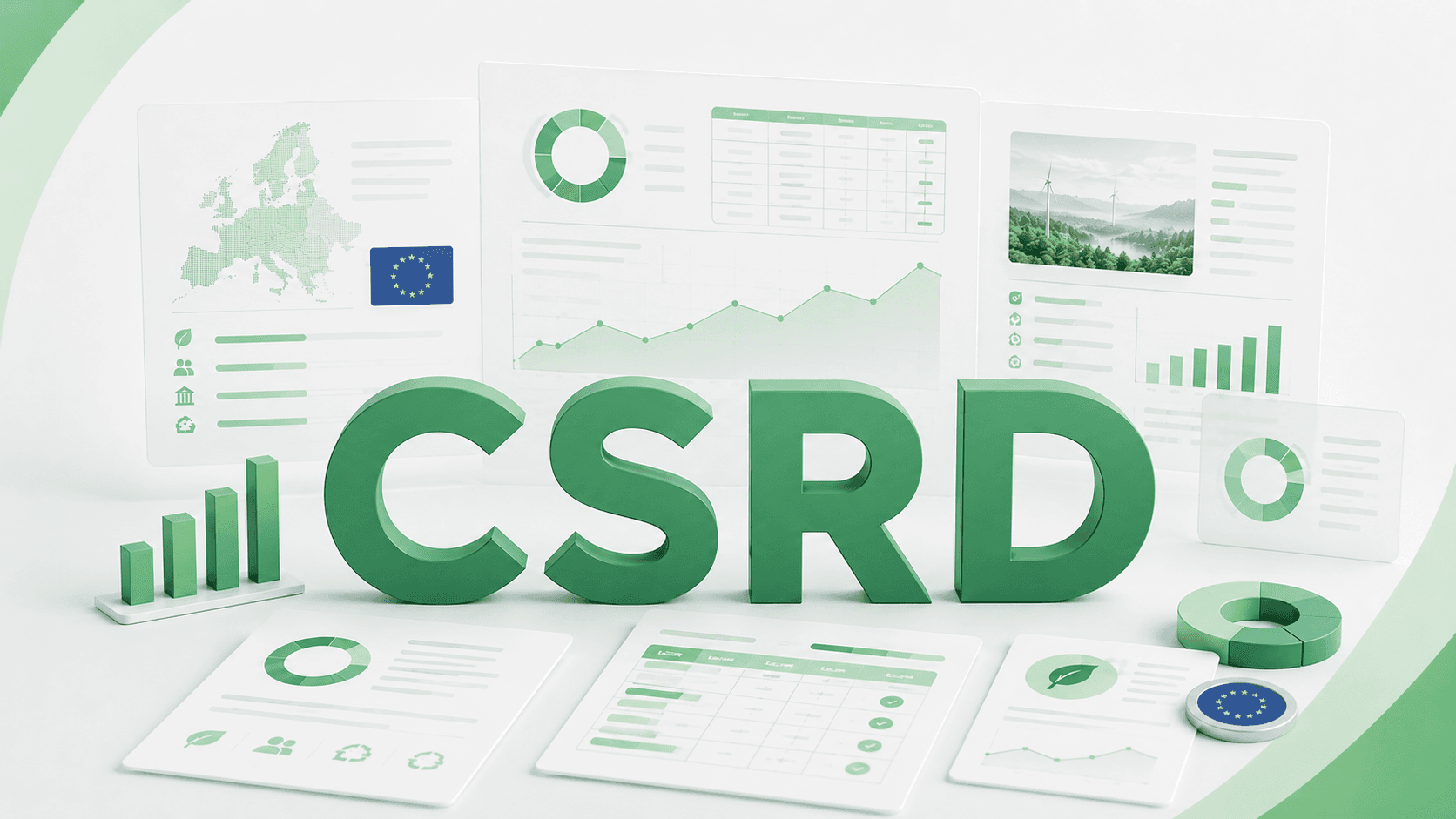 Image de couverture pour un article sur la CSRD, montrant l'inscription « CSRD » en grandes lettres vertes entourée de rapports ESG, de tableaux de bord de durabilité, de graphiques et de symboles de l'Union européenne sur un fond clair et épuré.