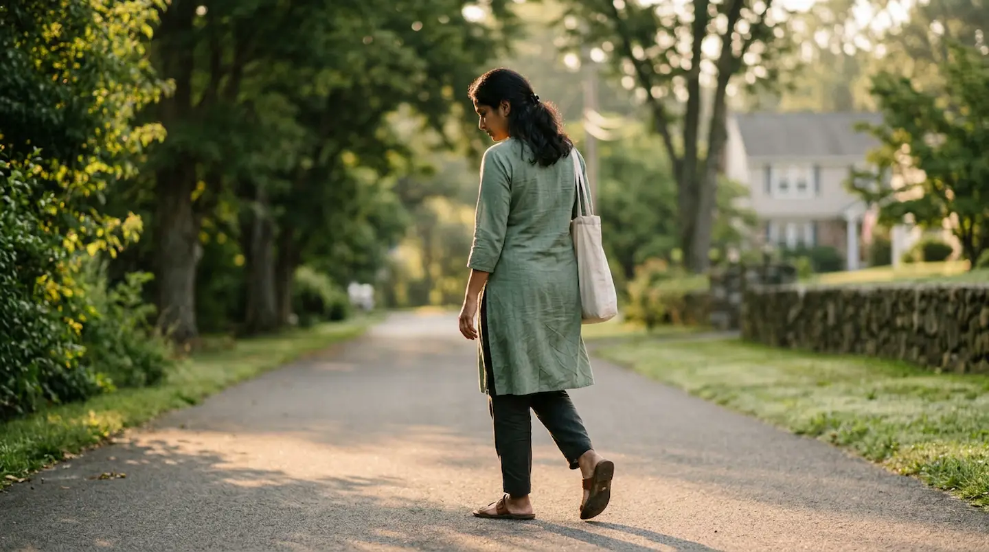 Woman walking along a tree-lined residential street carrying a tote bag