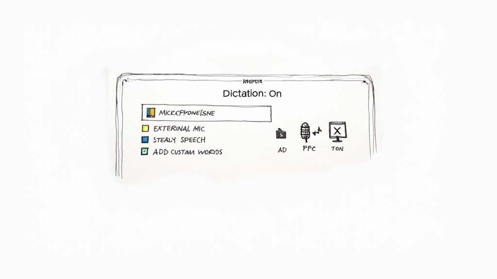 A person's hands near a Mac keyboard, with audio waves symbolizing dictation being activated.