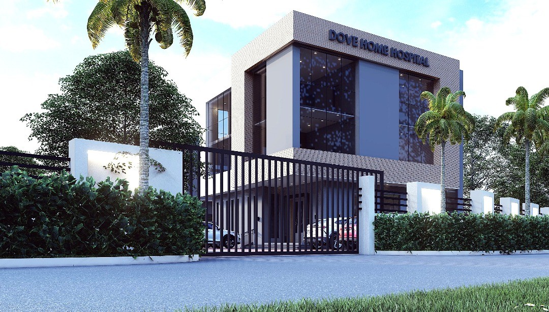 A minimalist concrete building with warm interior lighting, reflecting on a wet surface. It's set against a foggy, blue-hued twilight sky, exuding serenity.