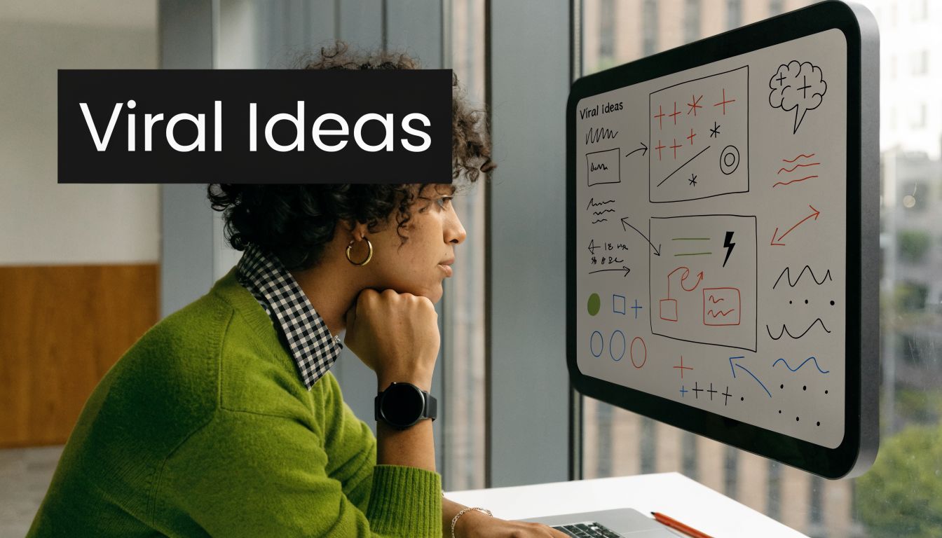 A person with curly hair working on a laptop while viewing viral ideas on a digital screen.