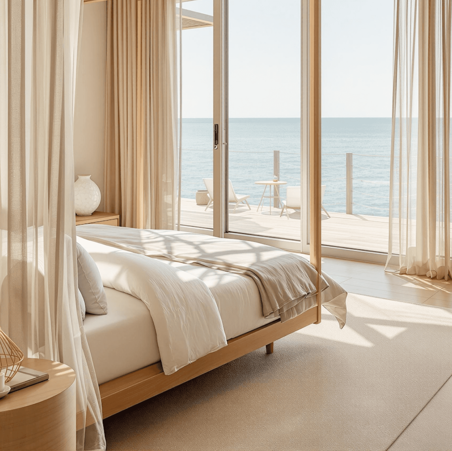 Serene bedroom with ocean view, soft neutral tones, and a cozy bed near glass doors.