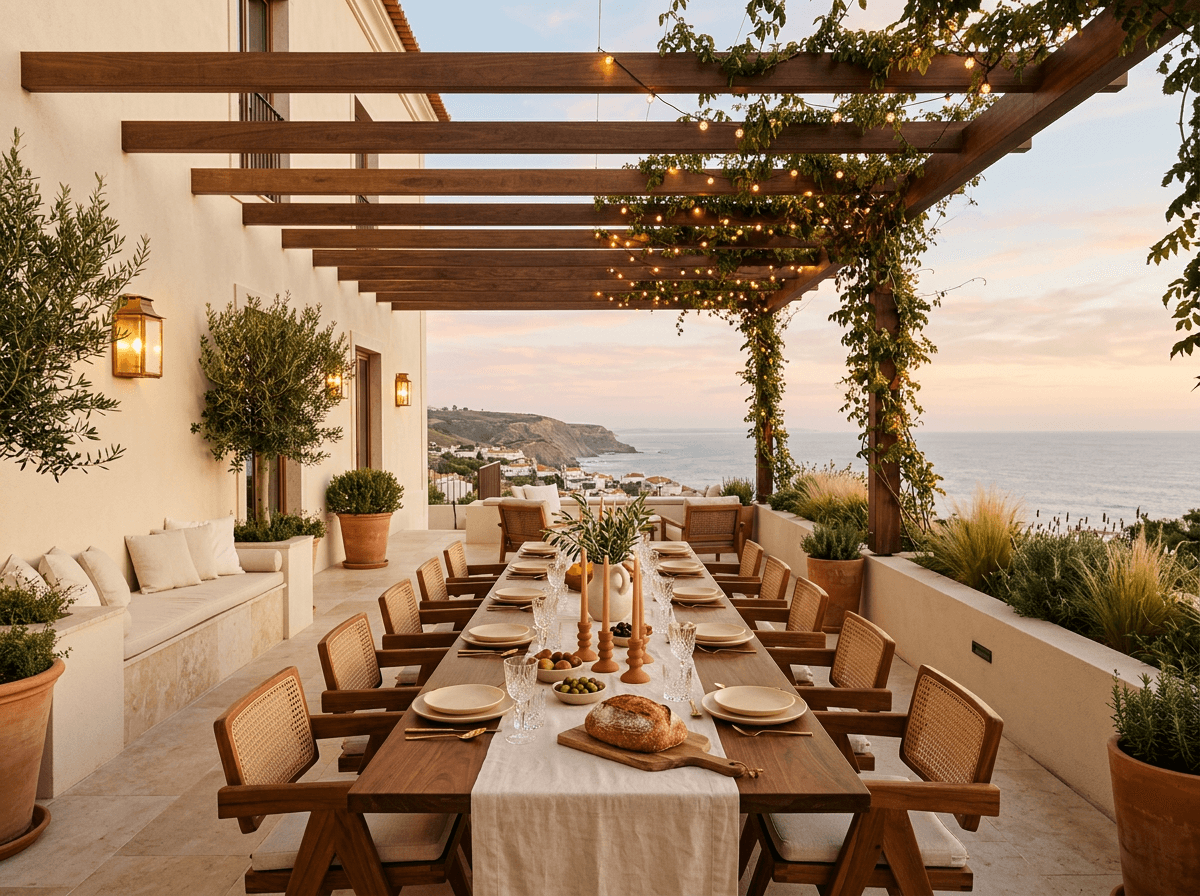 Outdoor dining terrace with walnut table, pergola, brass lanterns, and Atlantic Ocean view at dusk.