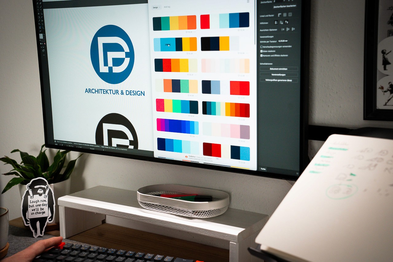 Ein Designer sucht am Computer eine Farbpalette für ein Logo