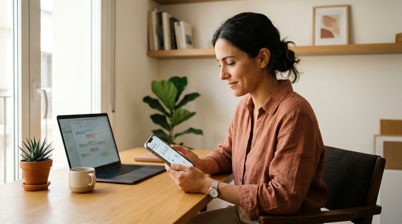 Una mujer morena sonríe mientras usa su teléfono inteligente en un escritorio con un portátil.