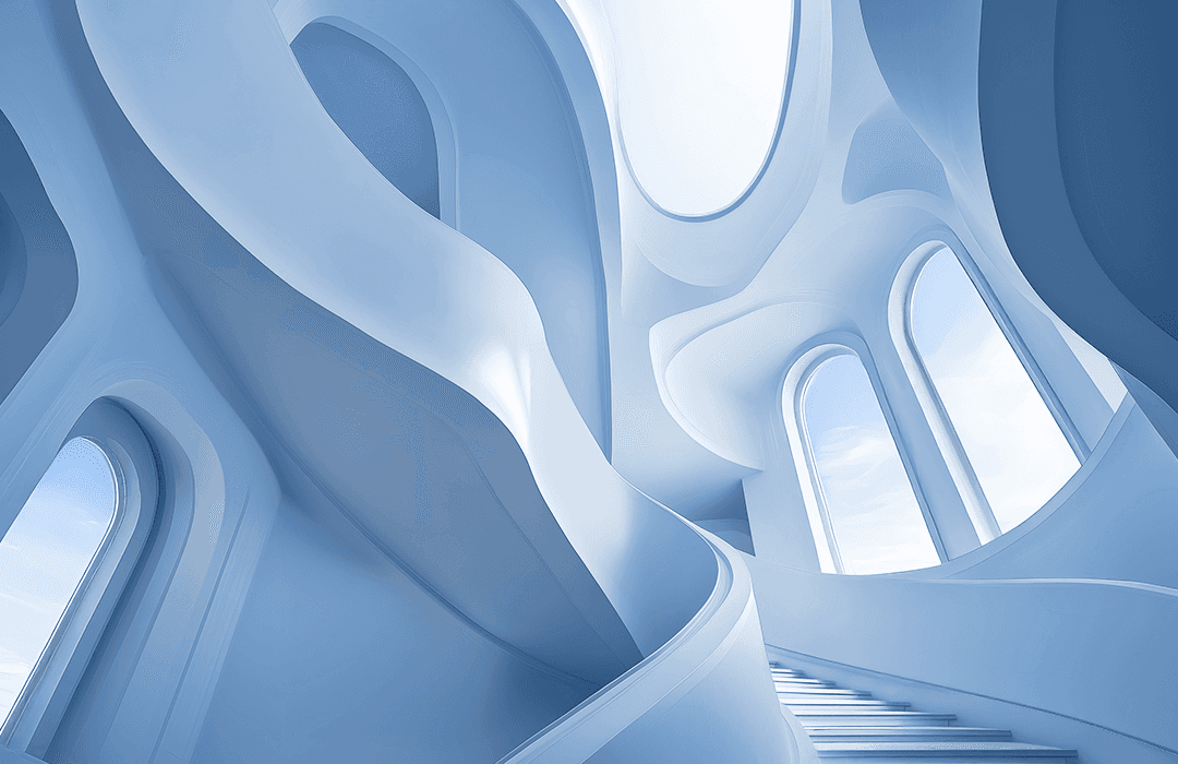Representação visual de um ambiente onírico e fluido, com formas arquitetônicas impossíveis e orgânicas em azul suave, evocando a estética de imagens geradas por inteligência artificial.
