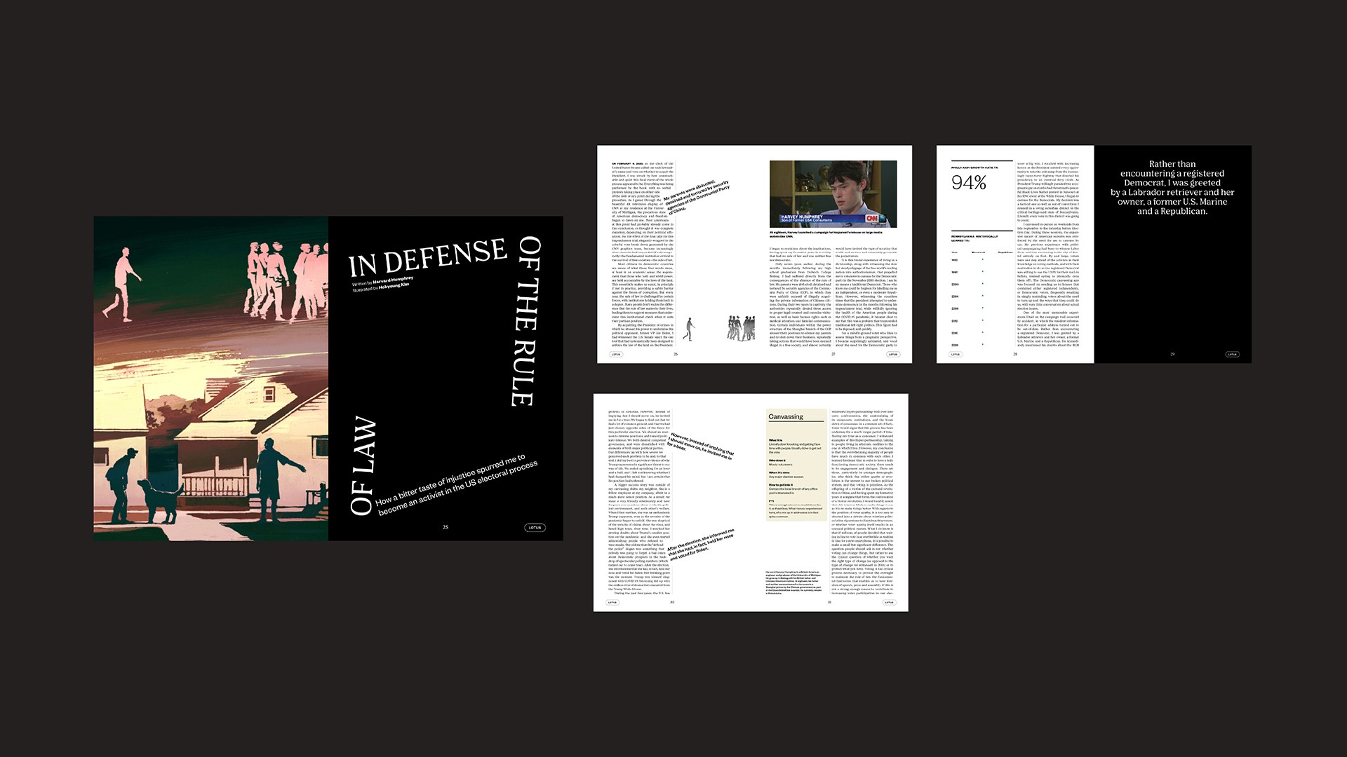 The image displays four pages from a magazine spread. The left page features a black background with the title "IN DEFENSE OF THE LAW" in white text. Below the title, a photograph shows two figures walking on a sidewalk near a building. The right page contains text and images, including a photograph of a boy in a blue shirt and a smaller photograph of a boy in a suit. The top right page has a black background with the text "94%" and a photograph of a boy in a blue shirt. The bottom right page contains text and a photograph of a boy in a suit. The text includes phrases such as "More than half of Americans are exposed to advertising targeted at children" and "More than half of Americans are exposed to advertising targeted at children."