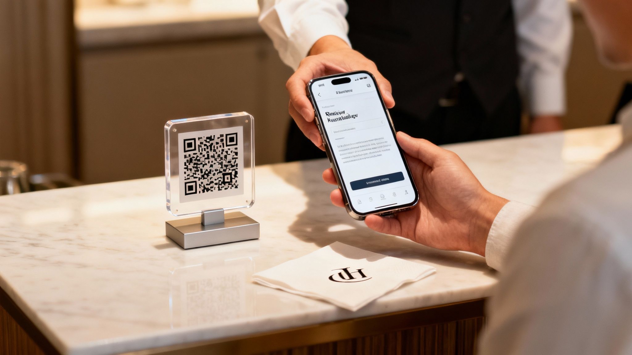 Two people interact with smartphones and a QR code stand on a white marble counter.