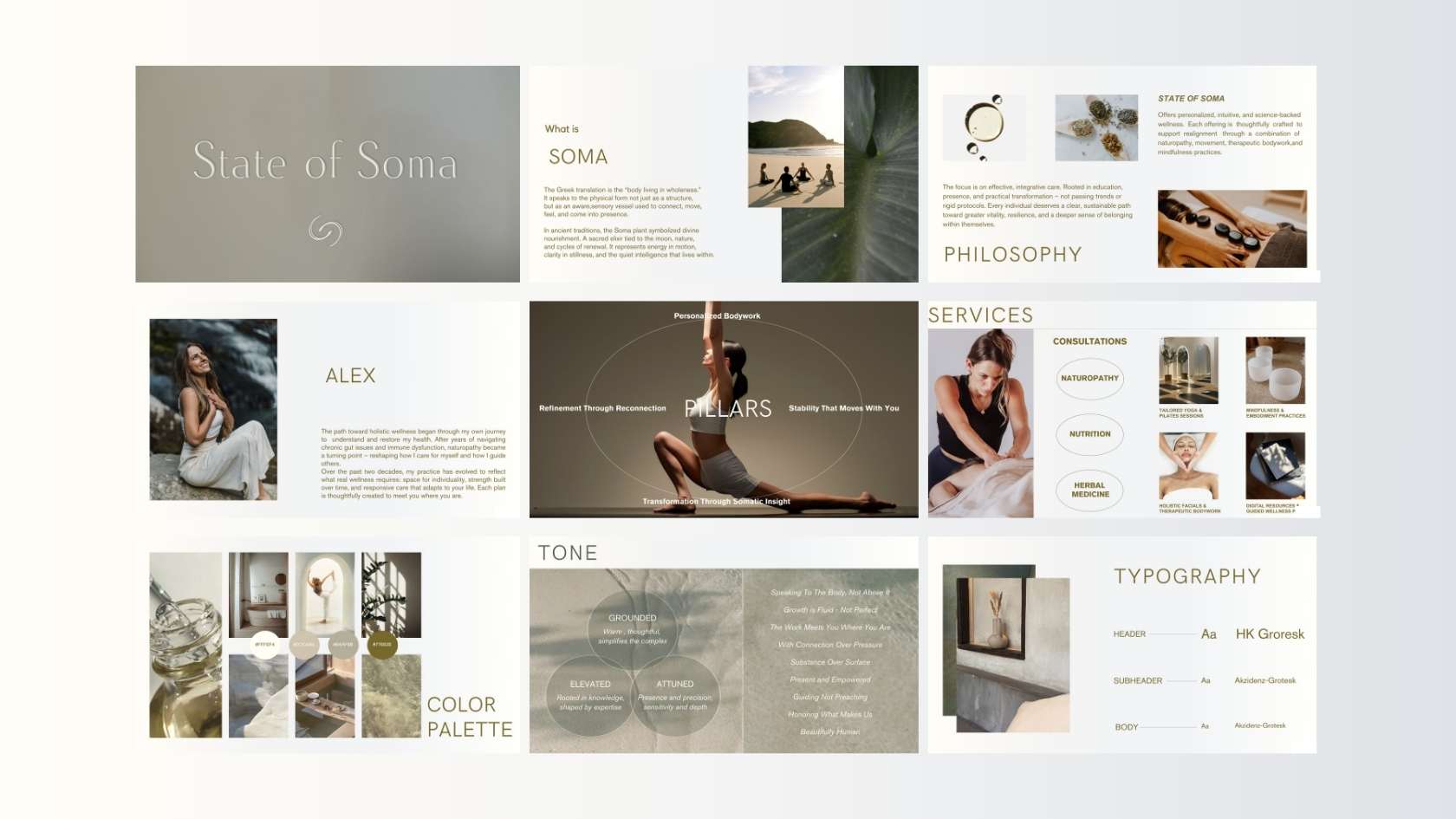 State of Soma full brand identity presentation featuring color palette, typography, photography, and wellness positioning