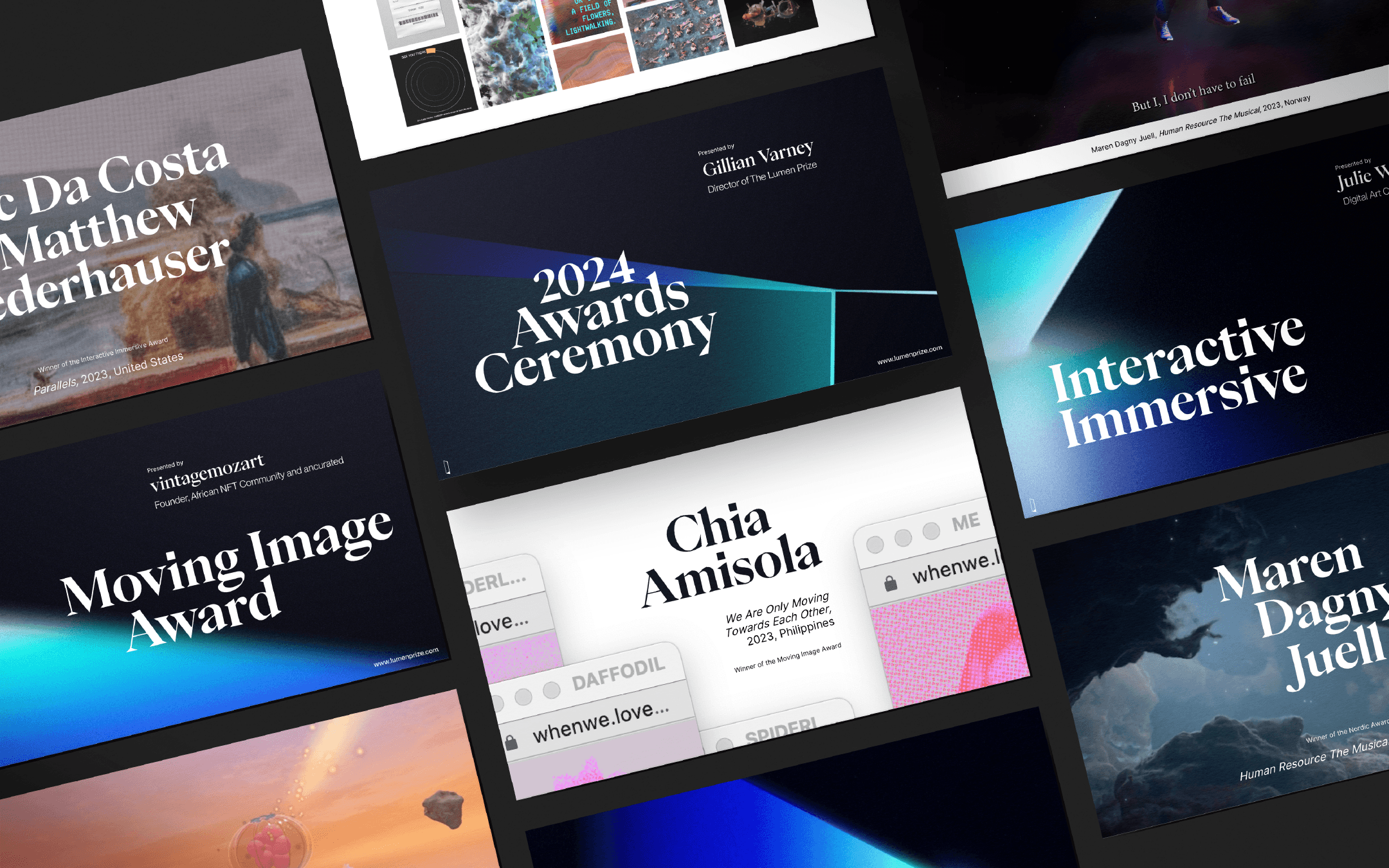 The Lumen Prize identity applied across awards, digital screens, banners and printed materials.