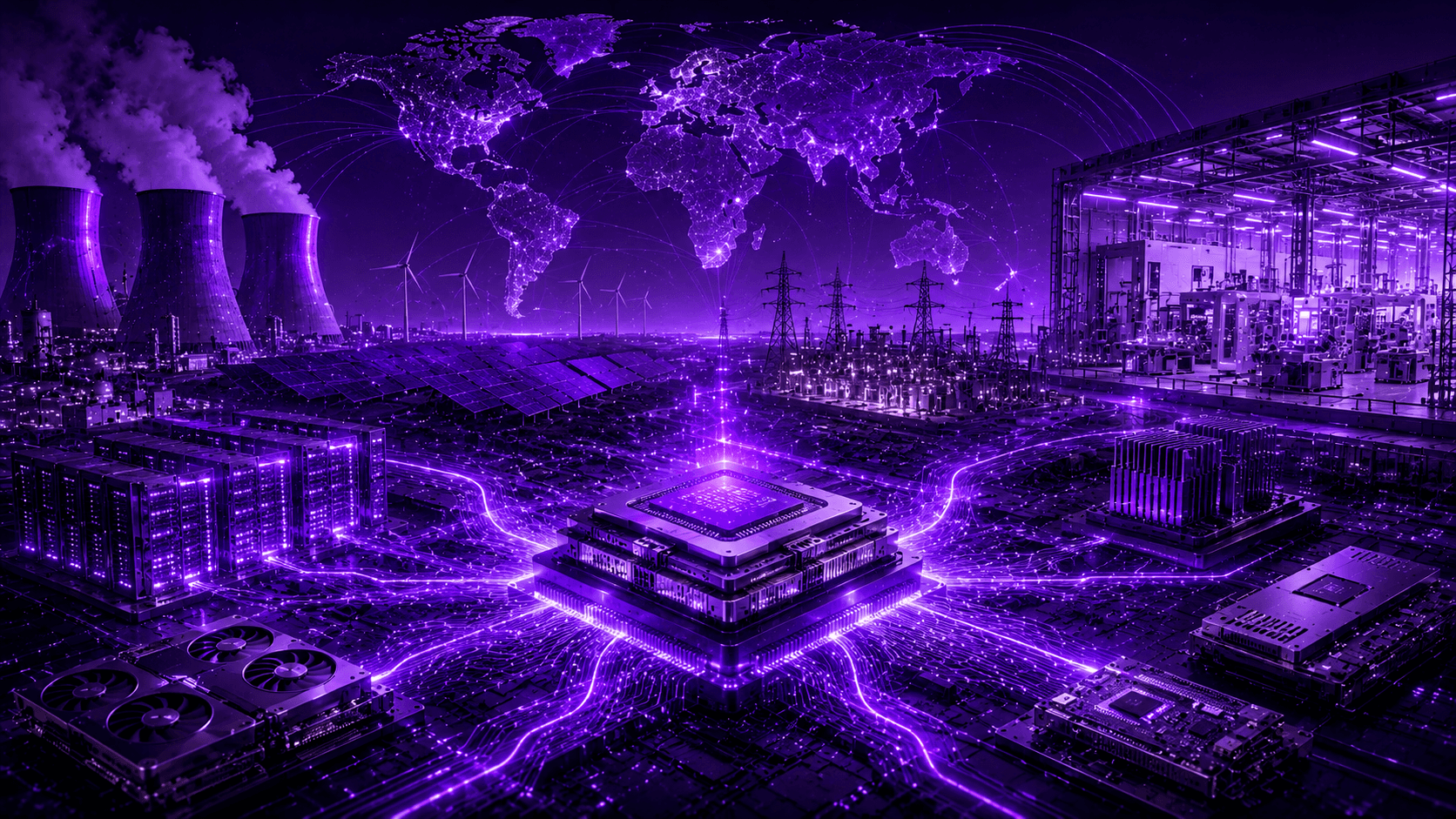 Futuristic purple-toned AI infrastructure landscape showing interconnected semiconductor fabs, power grids, cooling infrastructure, data centers, and heterogeneous compute systems linked through a global supply chain network. The image represents the physical bottlenecks of modern AI scaling, including memory bandwidth, advanced packaging, energy demand, and silicon supply chain dependence across next-generation AI infrastructure.