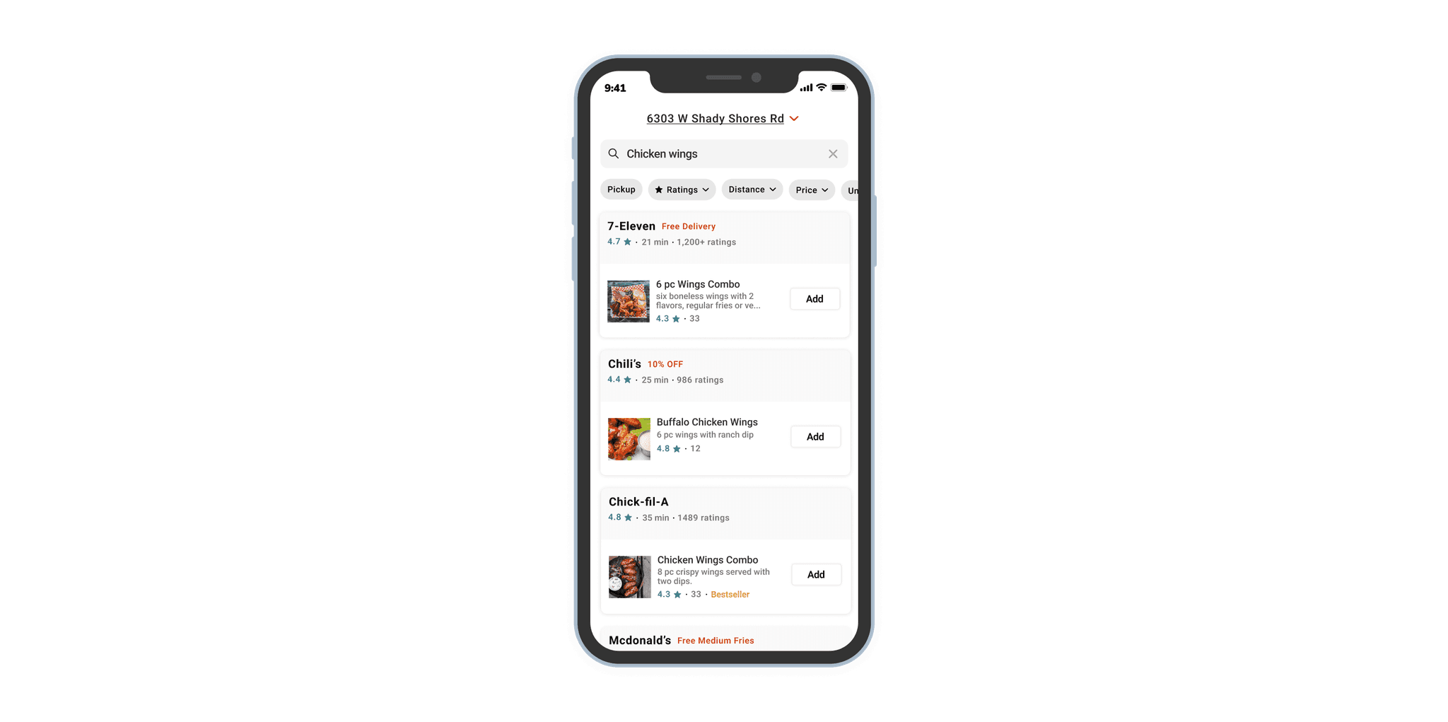 Mobile mockup containing ui screen of doordash search page redesign.
