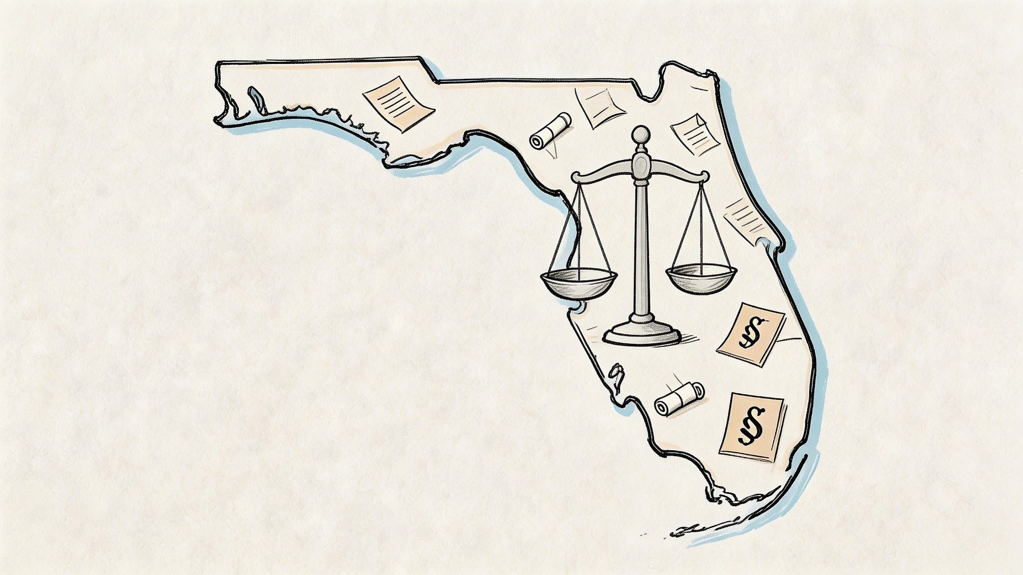 A conceptual illustration of the Florida state map containing legal symbols like scales of justice and law documents.