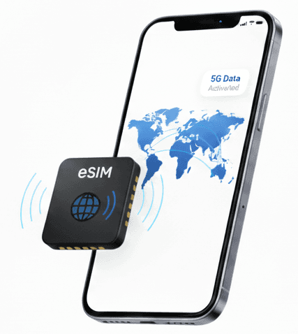 Digital eSIM technology for international travel on a smartphone with global coverage map, highlighting Clickroam's instant roaming activation.