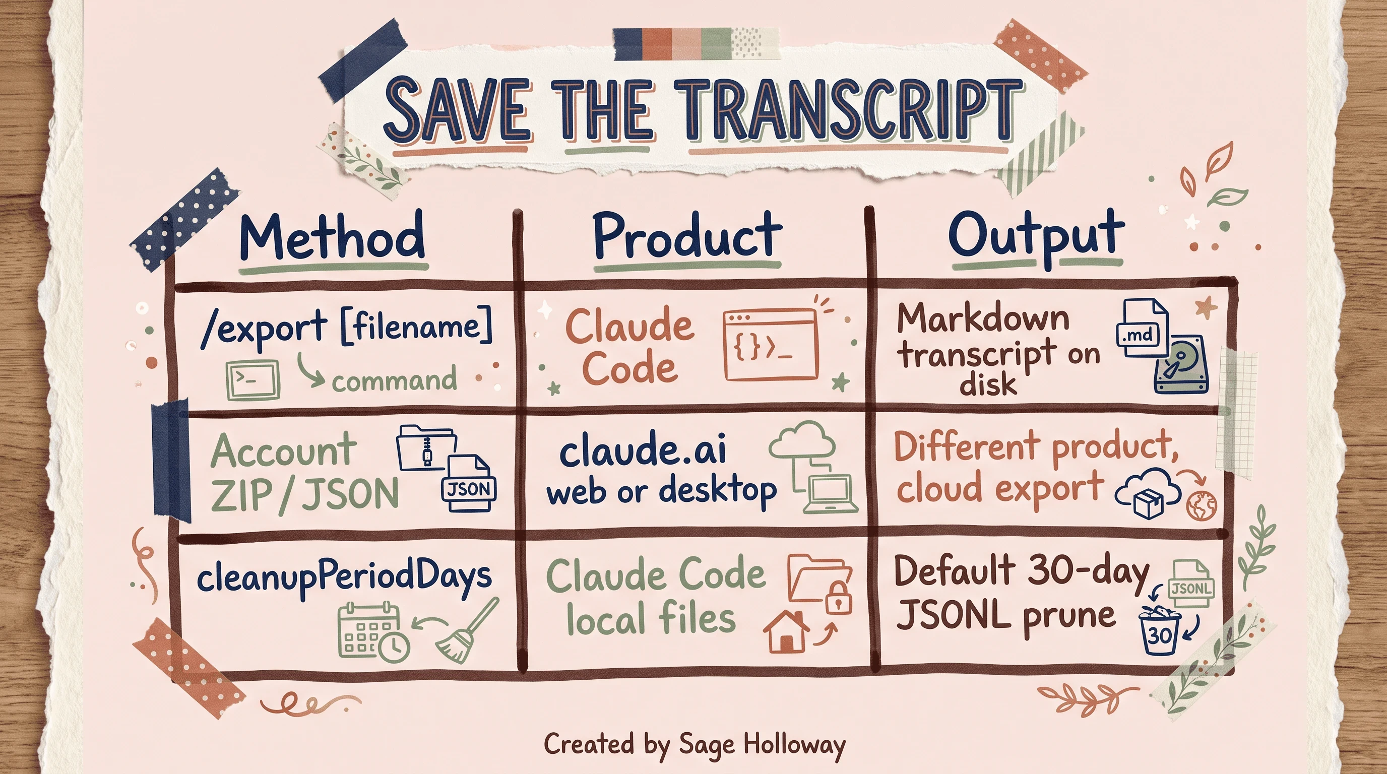 Comparison table of Claude Code /export markdown transcripts versus claude.ai account ZIP download and 30-day local cleanup