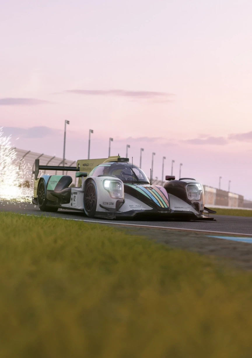 Race car with colorful stripes creating sparks as it speeds around a corner at sunset.