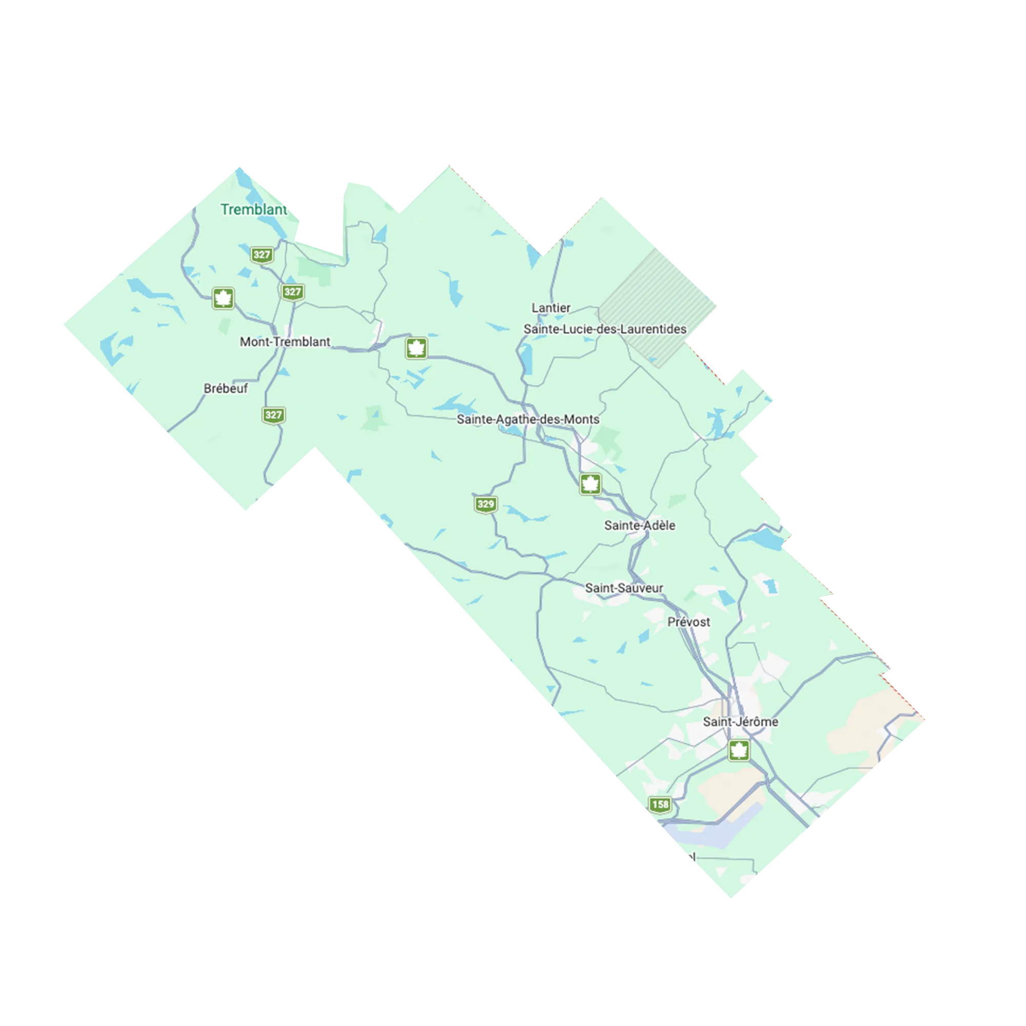 Carte des Laurentides illustrant la zone desservie par Raton Laveur pour le nettoyage de bacs à déchets.
