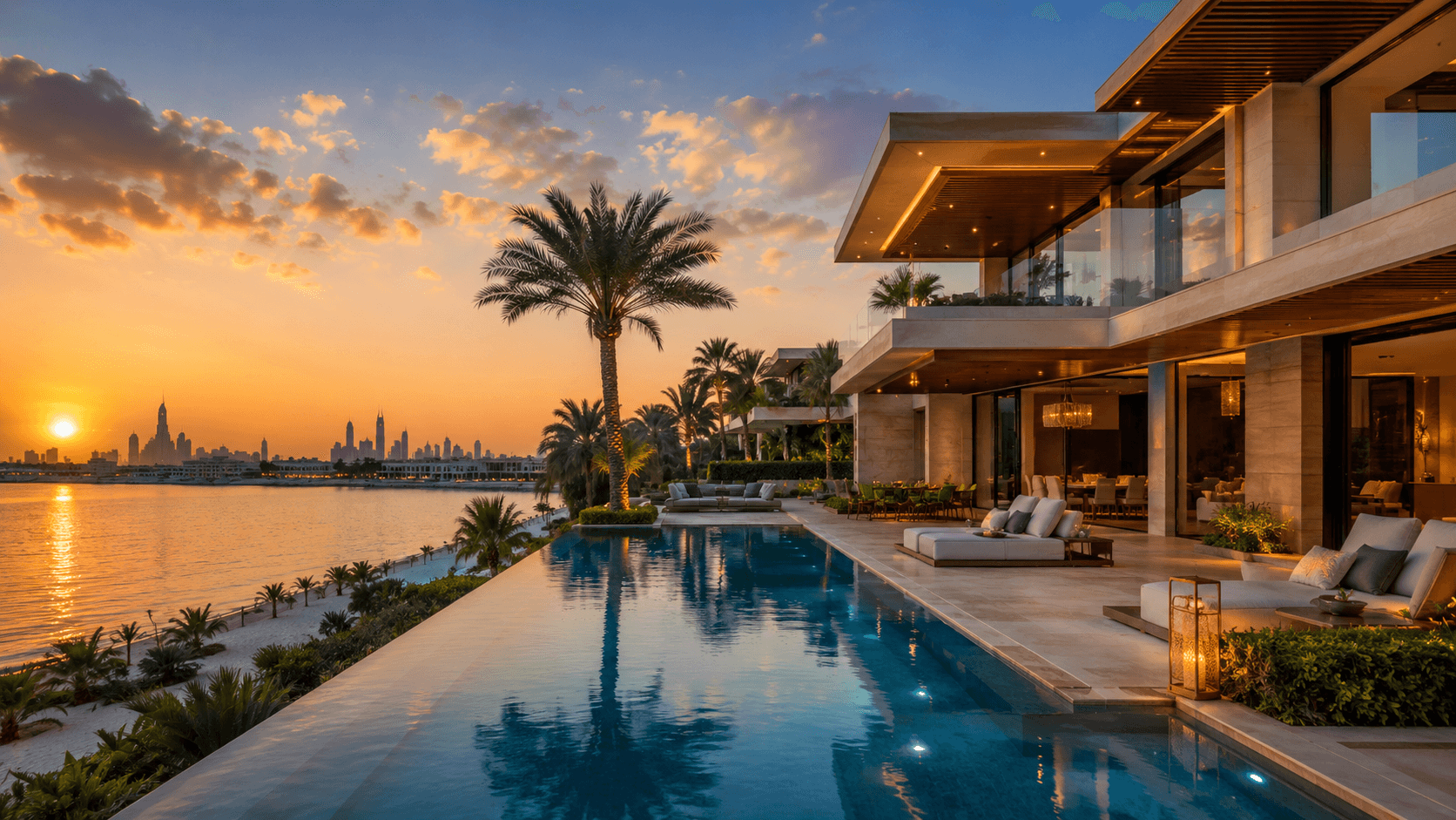 Luxury Dubai villa with an infinity pool overlooking the Palm Jumeirah waterfront at sunset.