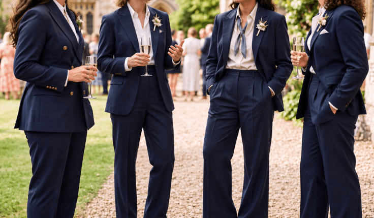 Four women in coordinated navy suits at a wedding reception.