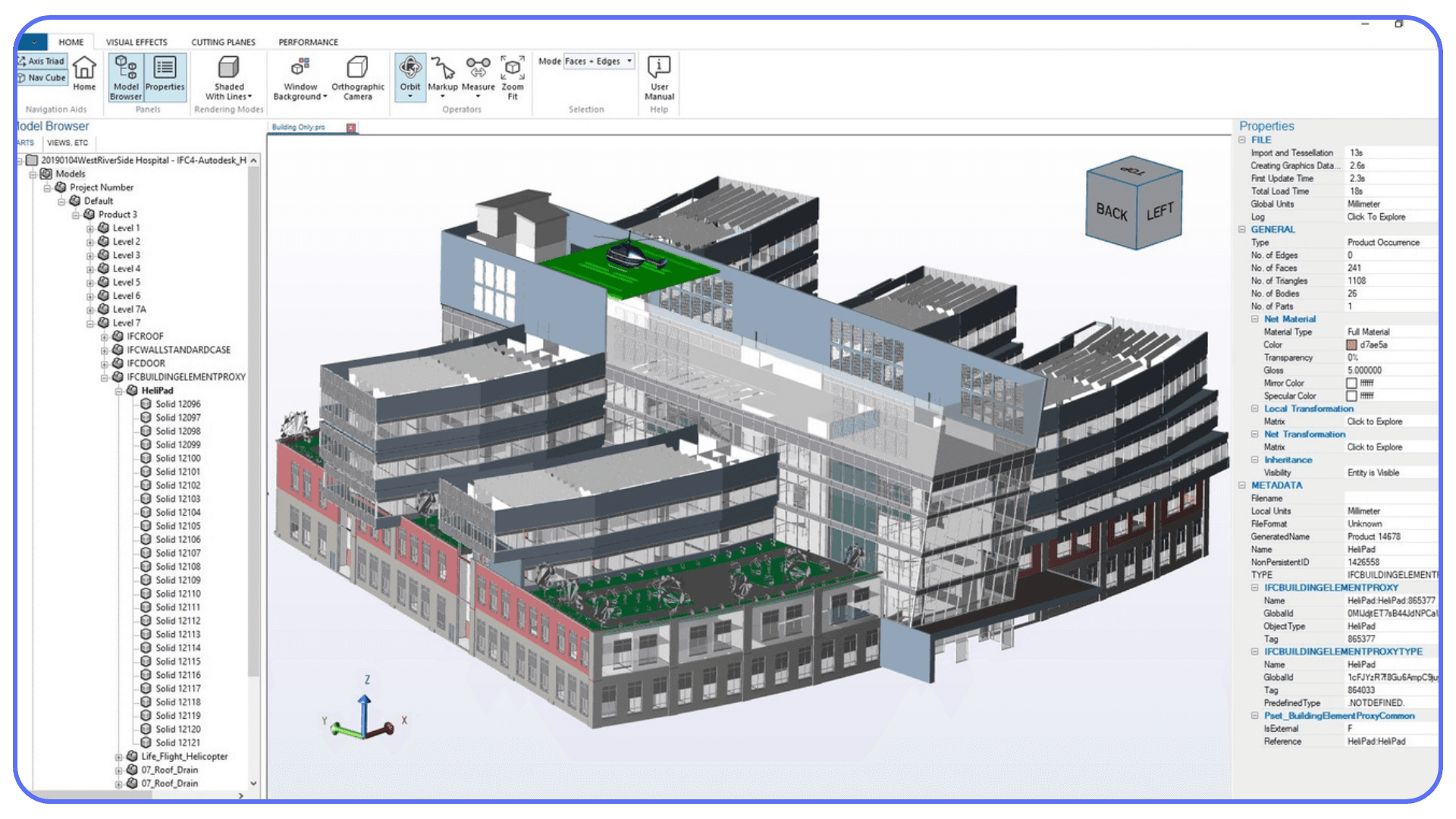 Complex Autodesk Revit BIM model displayed in 3D with multiple linked elements