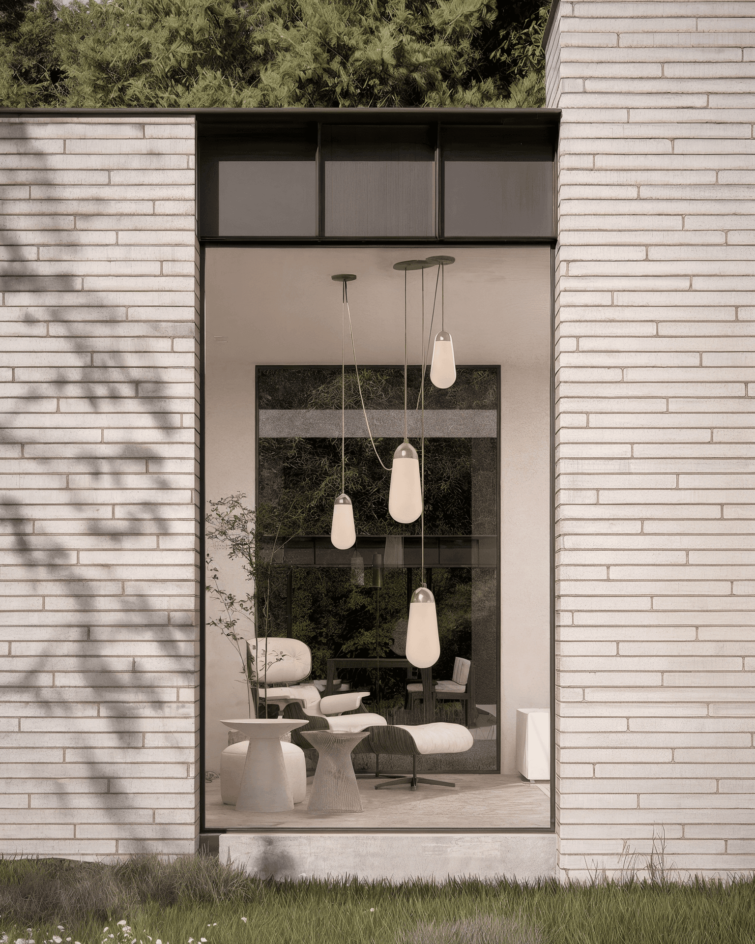 groot raam dat het interieur laat zien van the grayhouse van bespoke design studio, baksteen en zwart zink