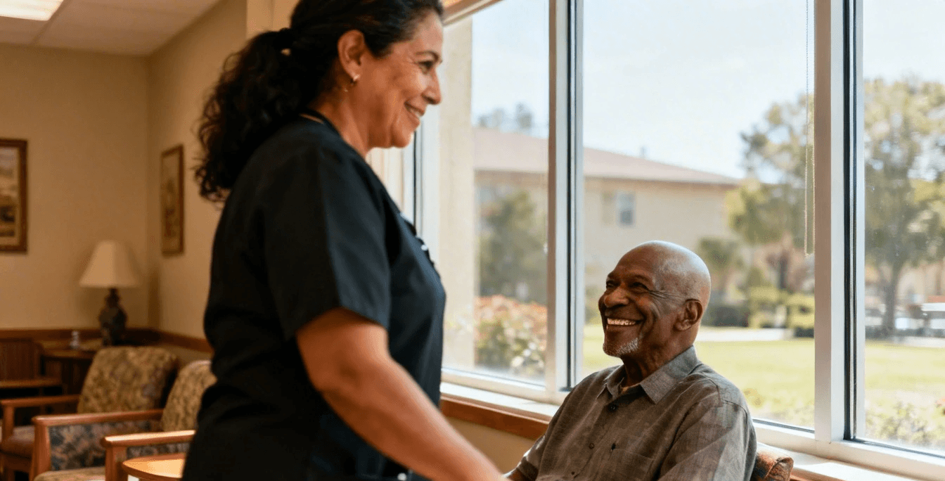 Assisted living caregiver with resident