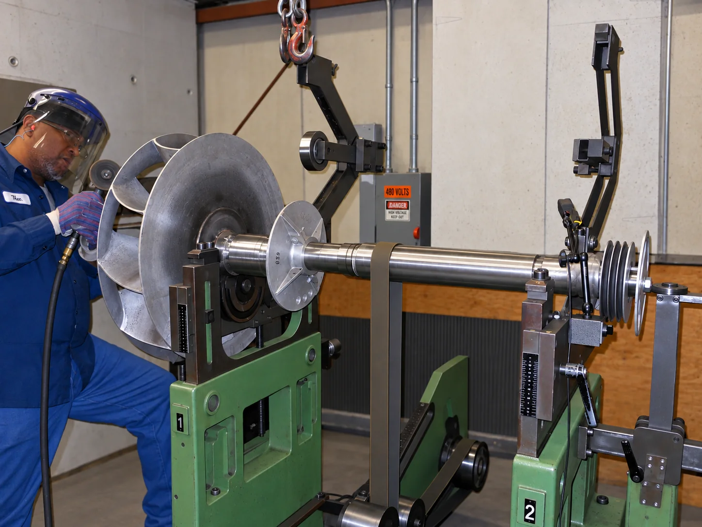 Technician working on an impeller rotor mounted on a balancing machine