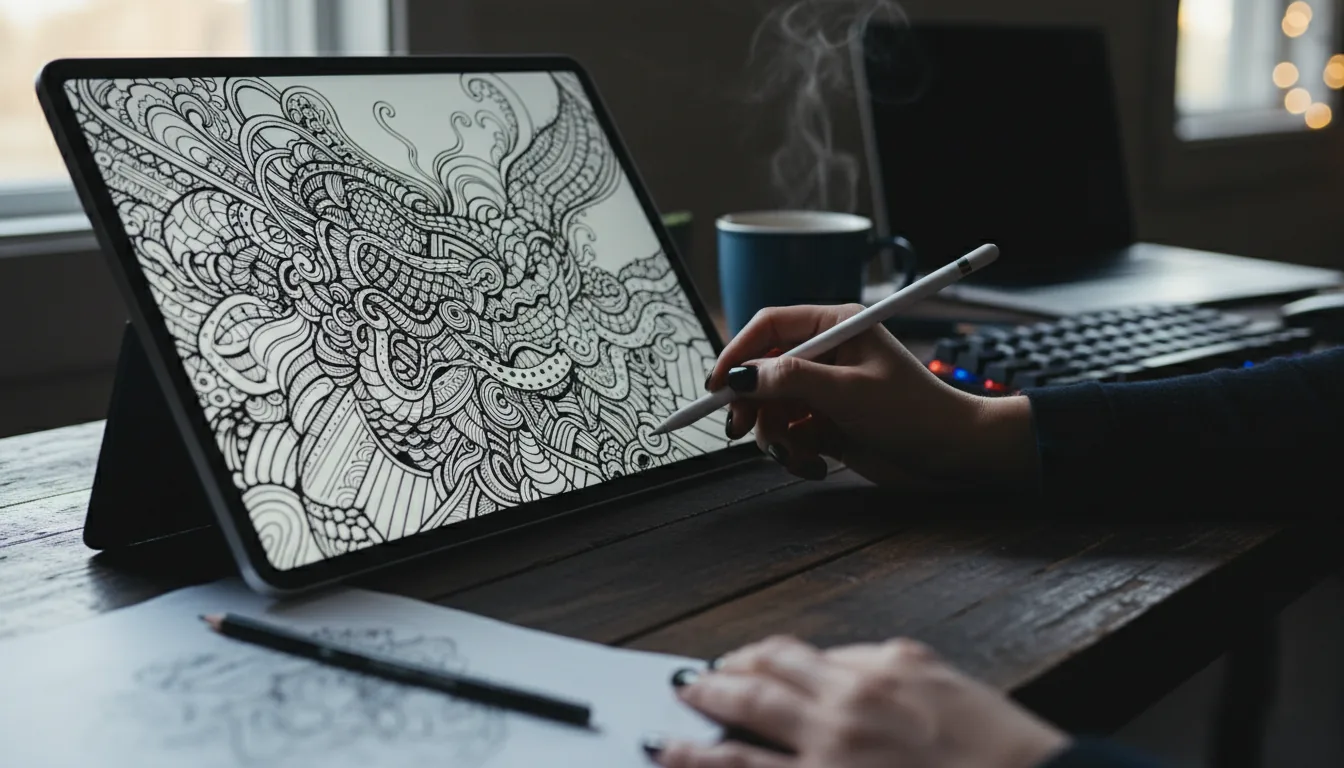 DSLR photograph from a side angle, focusing on a digital artist's hands with black nail polish holding a white stylus. The artist is drawing an intricate black and white illustration on a tablet propped up on a dark, moody desk. Natural daylight illuminates the scene, creating soft highlights and deep shadows. The background is out of focus, showing a dark blue ceramic mug, a keyboard, and a laptop, all contributing to a shallow depth of field with a soft bokeh effect.